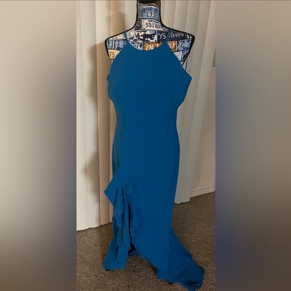 Carmen Marc Valvo Infusion Cascading Ruffle Halter Mermaid Evening Gown Peacock - Picture 3 of 12